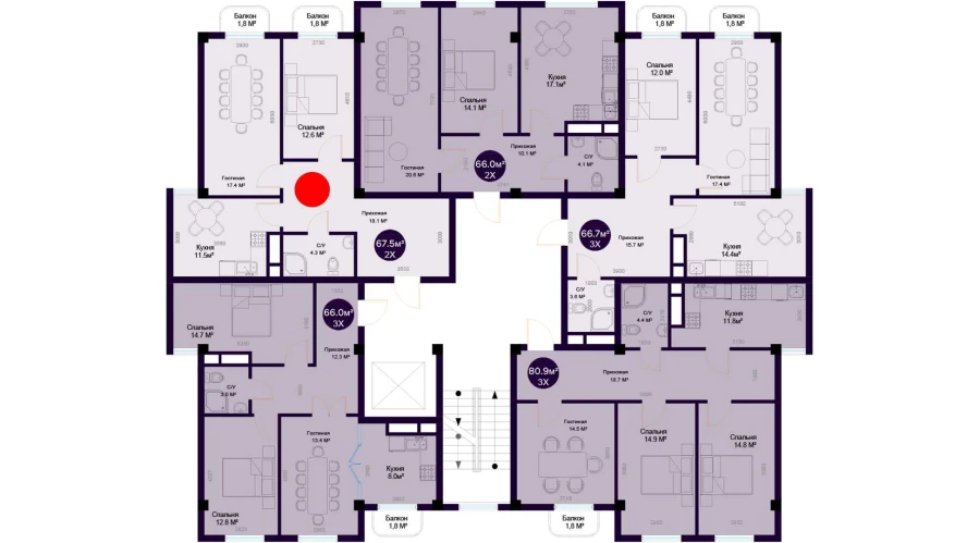 2-комнатная квартира 67.5 м²  3/3 этаж