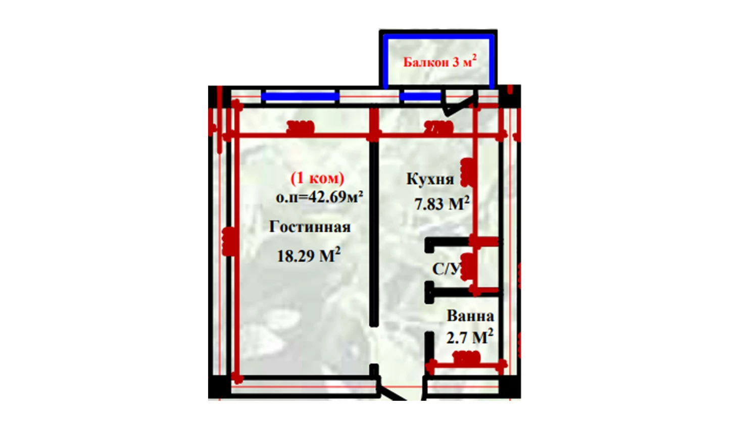 1-xonali xonadon 42.69 m²  2-9/2-9 qavat