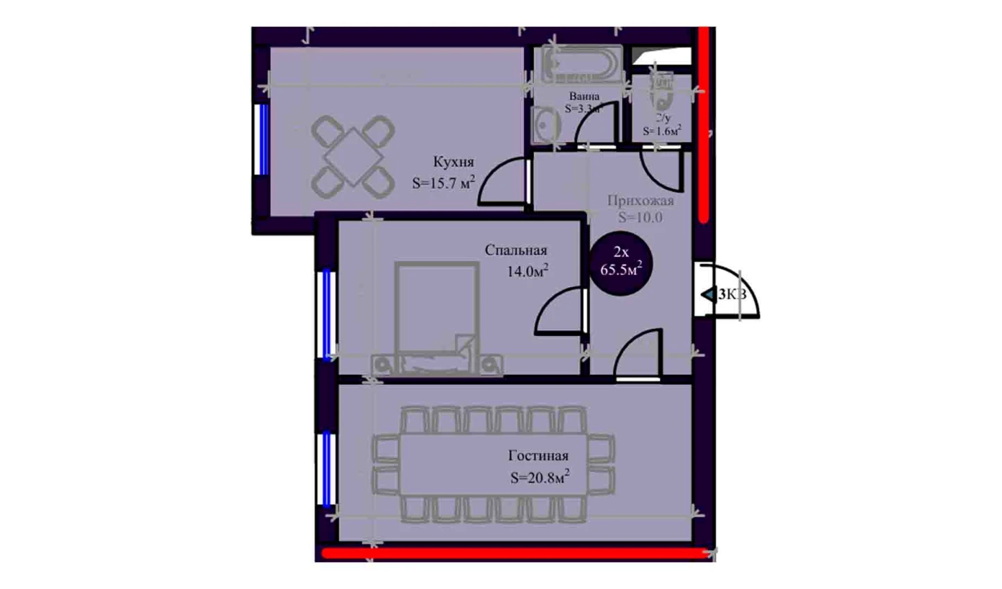 2-комнатная квартира 65.5 м²  3/3 этаж