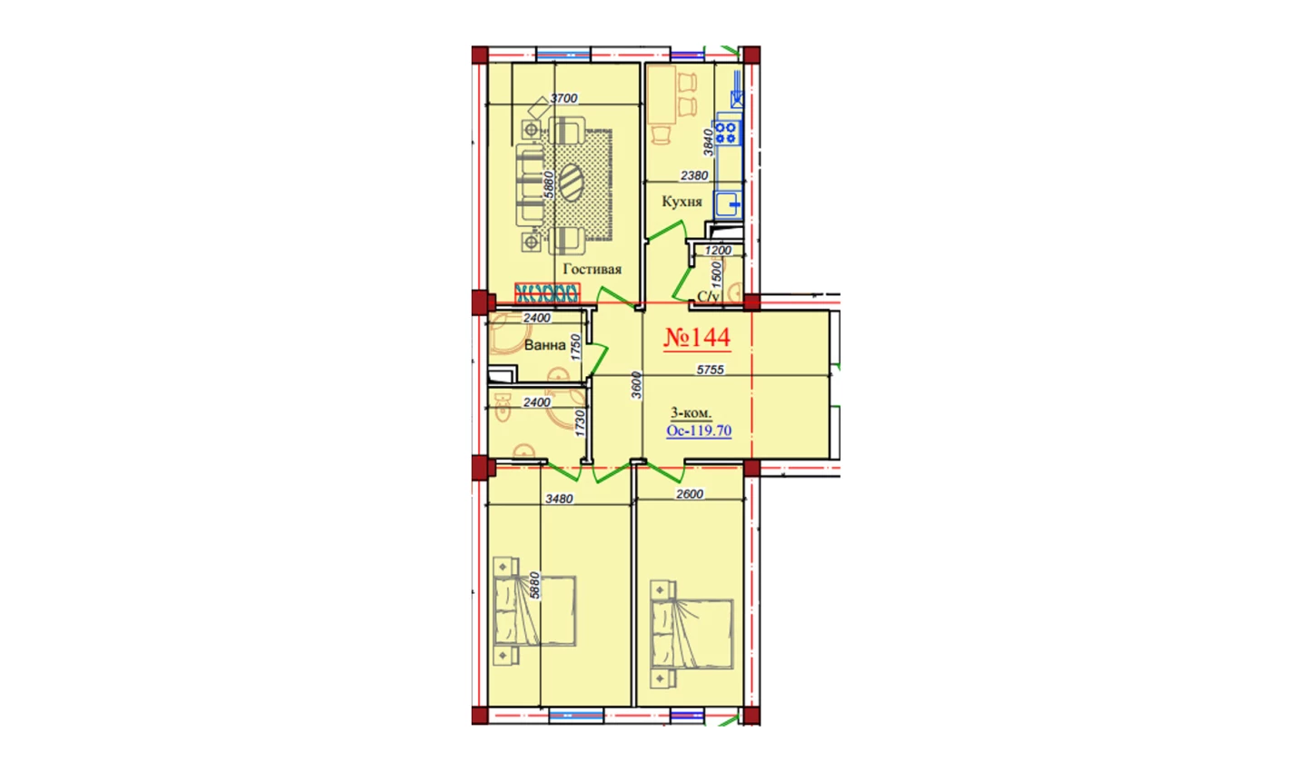 3-комнатная квартира 119.7 м²  6/6 этаж