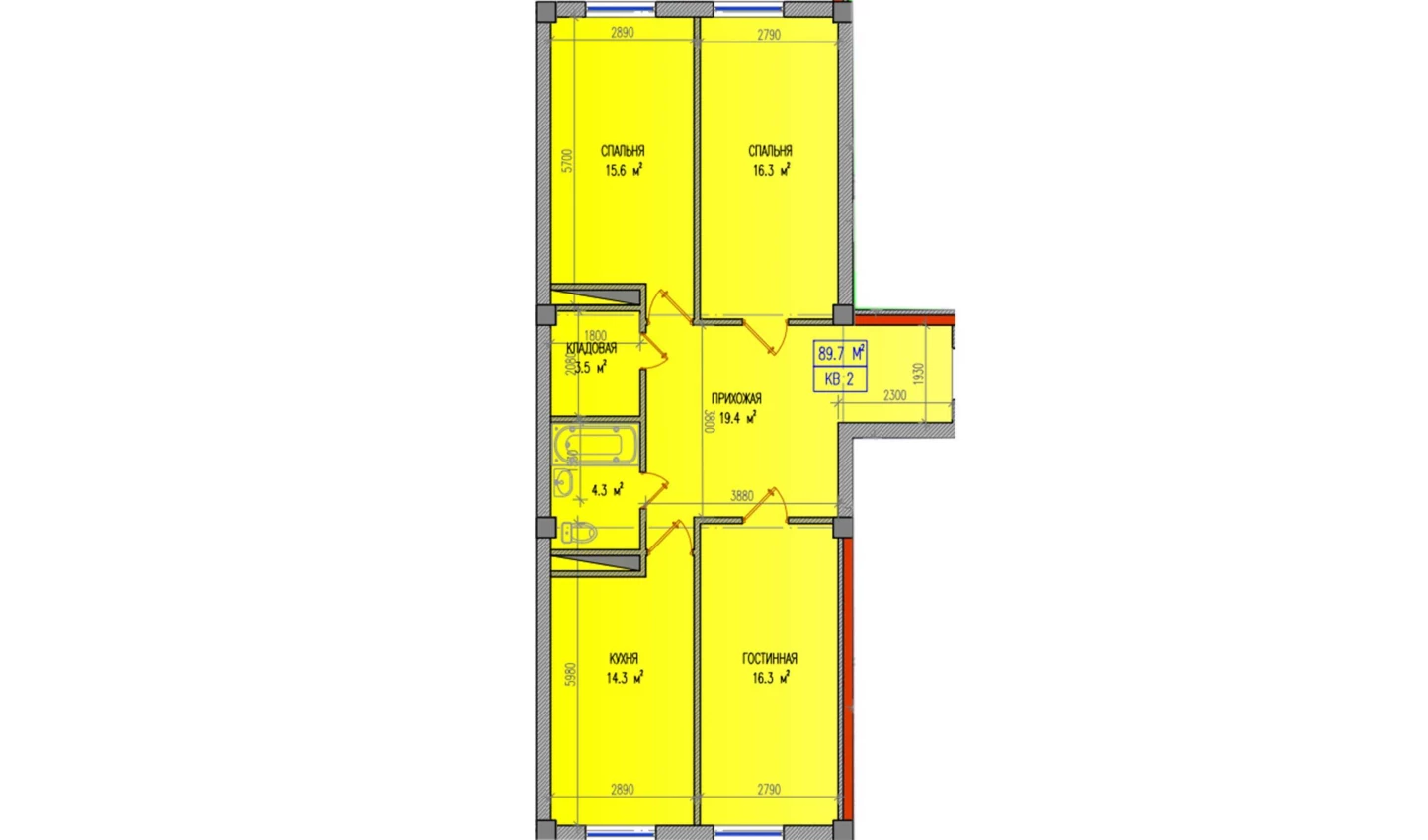 4-комнатная квартира 89.7 м²  1/1 этаж