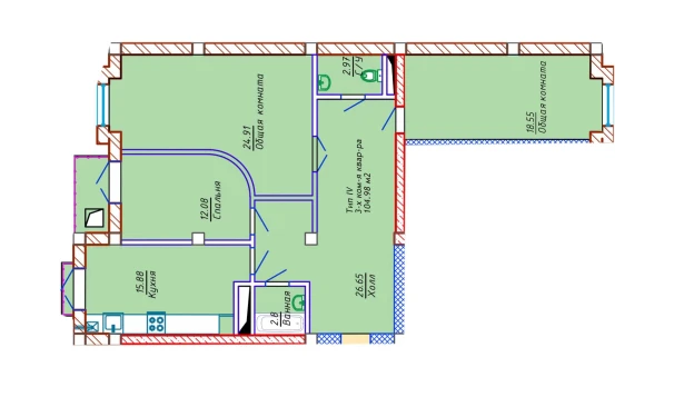 3-xonali xonadon 104.98 m²  5/10 qavat | Samarqand Park Avenue Turar-joy majmuasi