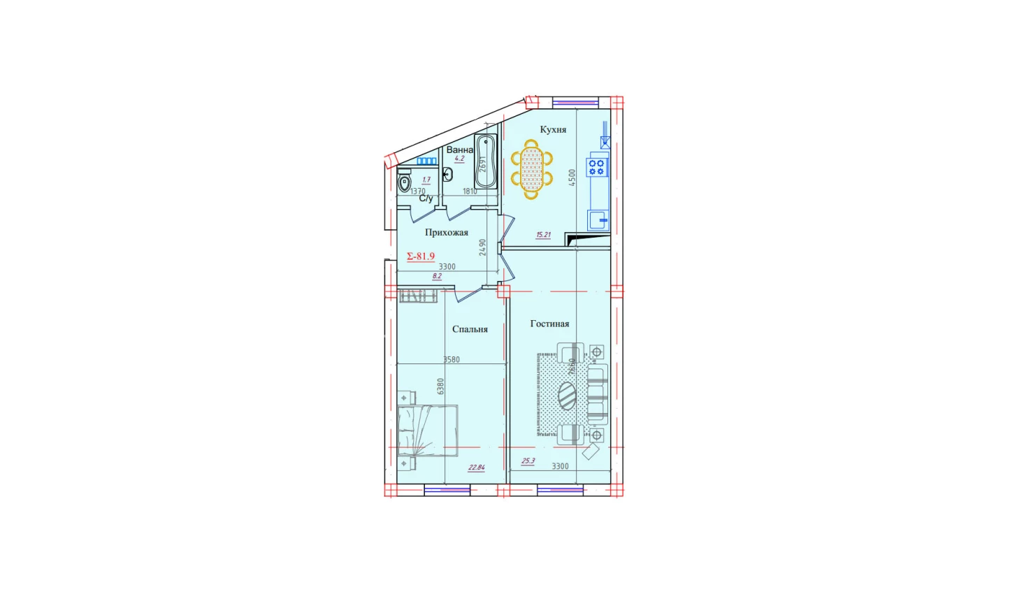 2-xonali xonadon 81.9 m²  6/6 qavat