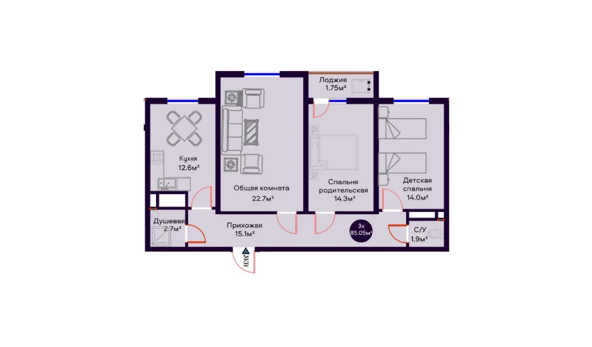 2-комнатная квартира 46.35 м²  12/16 этаж | Жилой комплекс Crystal Avenue