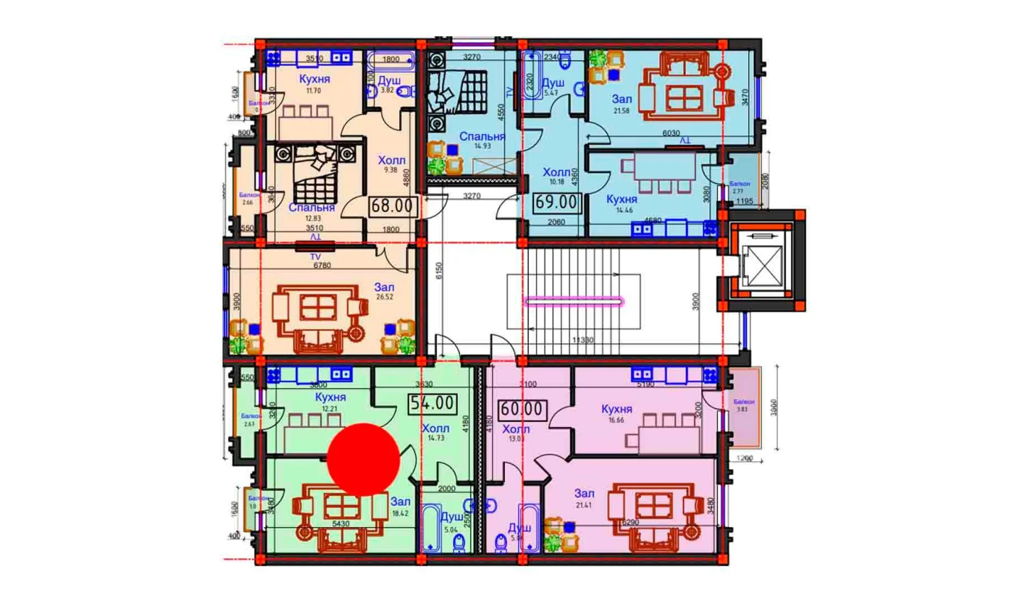 1-комнатная квартира 54 м²  6/6 этаж