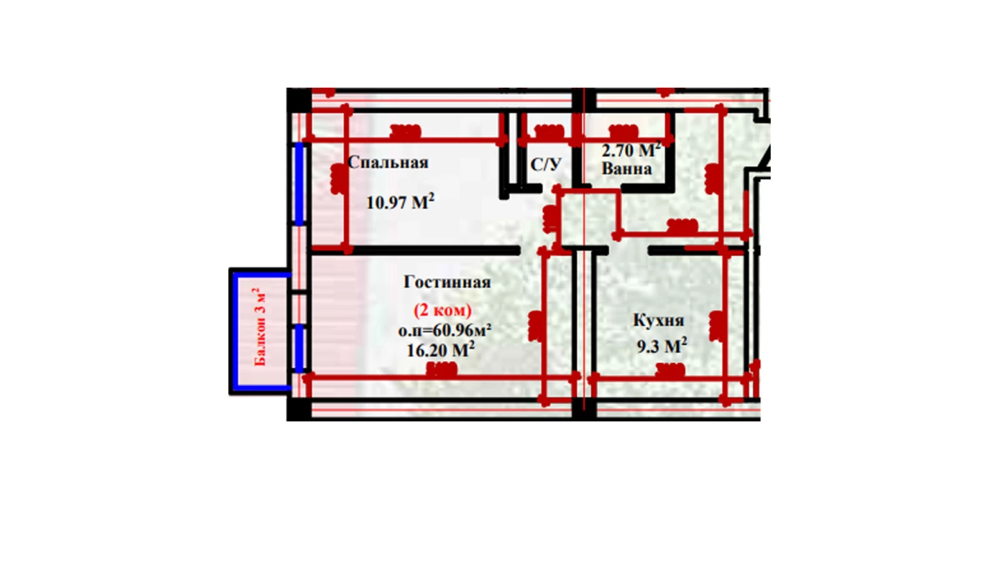 2-xonali xonadon 60.96 m²  2-9/2-9 qavat