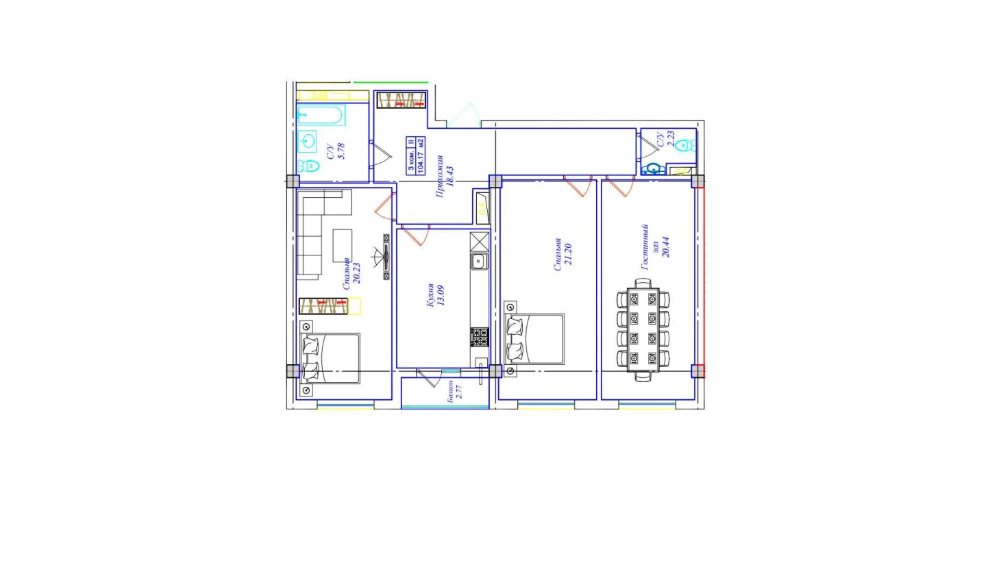 3-комнатная квартира 104.17 м²  2/2 этаж