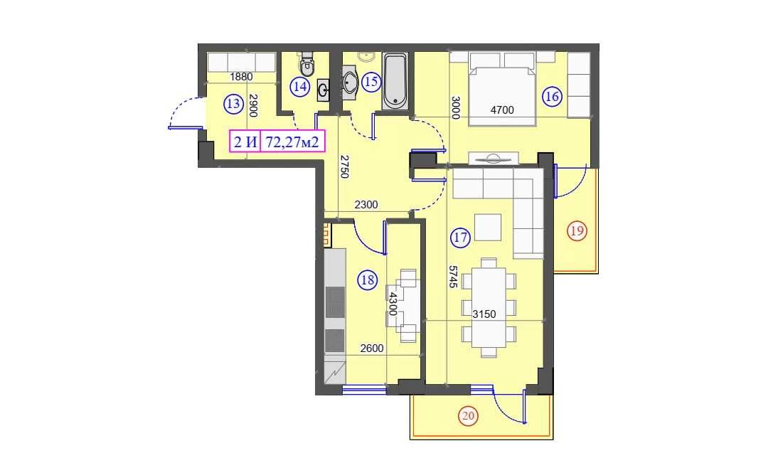 2-xonali xonadon 72.27 m²  2/2 qavat