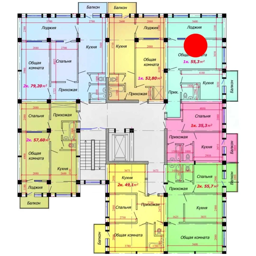 1-xonali xonadon 55.3 m²  4/9 qavat | VATAN Turar-joy majmuasi