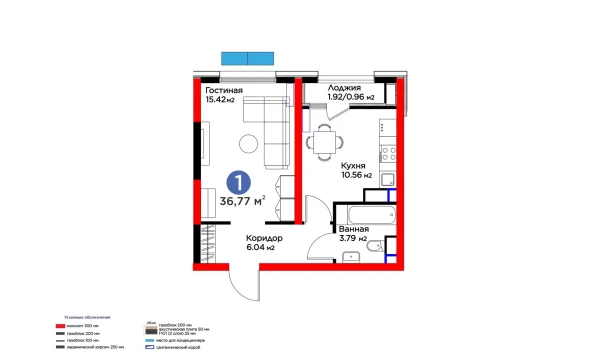 1-xonali xonadon 36.77 m²  7/16 qavat | Botanika Saroyi Turar-joy majmuasi