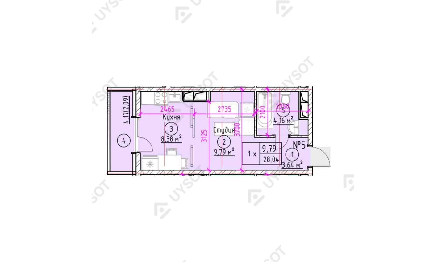 1-комнатная квартира 28.04 м²  2-6/2-6 этаж