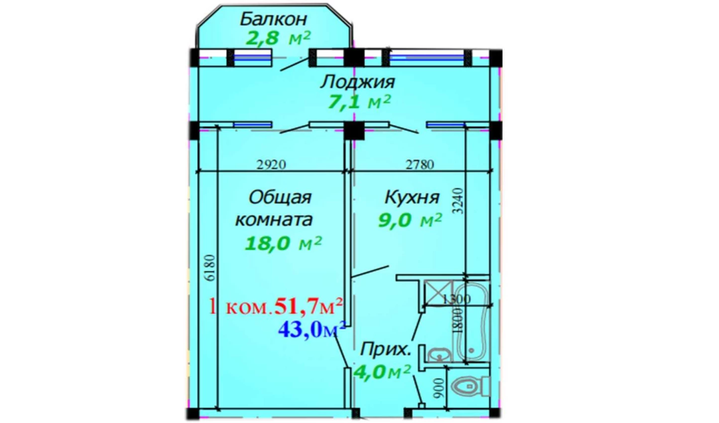 1-xonali xonadon 51.7 m²  2/2 qavat