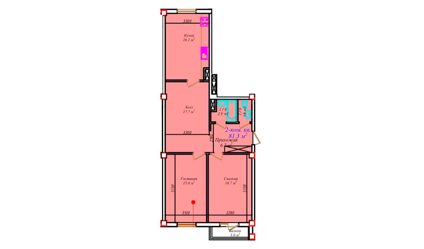 3-комнатная квартира 81.3 м²  4/4 этаж