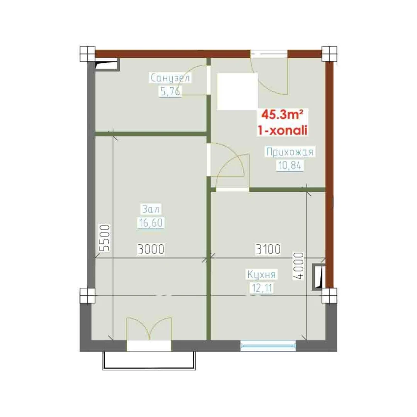 1-комнатная квартира 45.3 м²  8/8 этаж