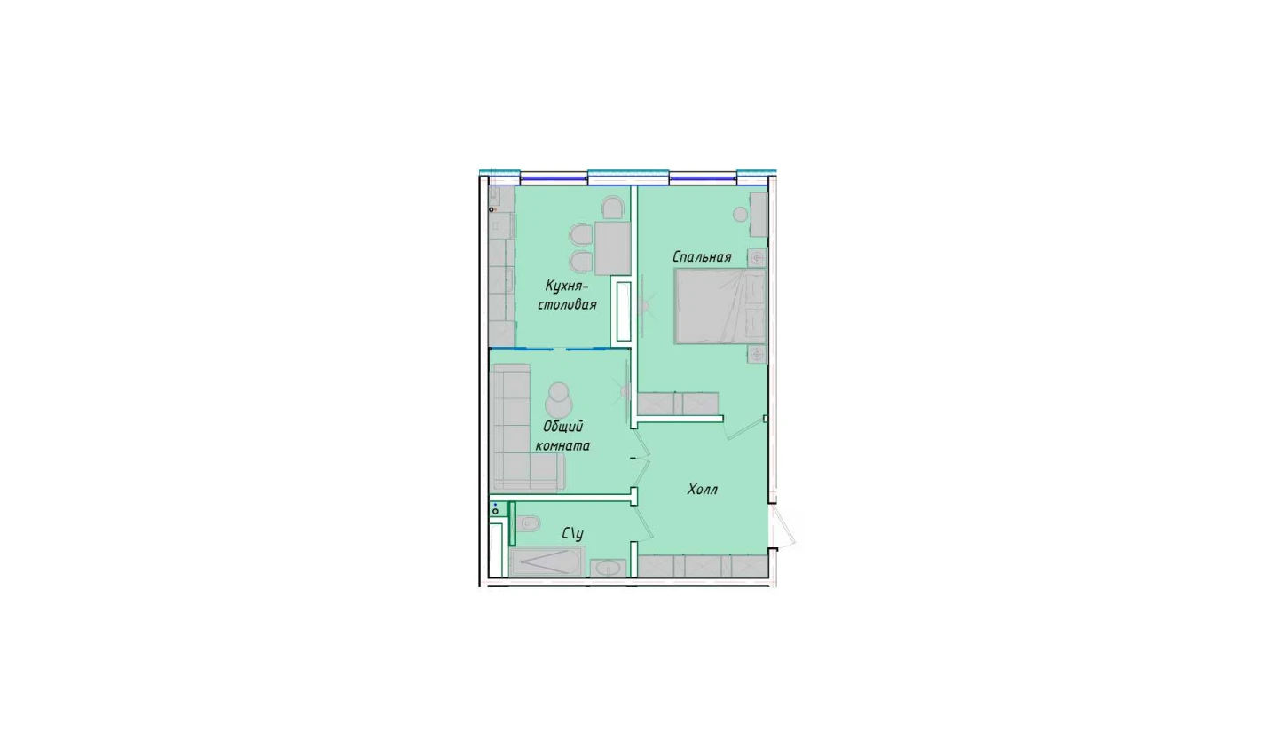 2-комнатная квартира 50.85 м²  1/1 этаж