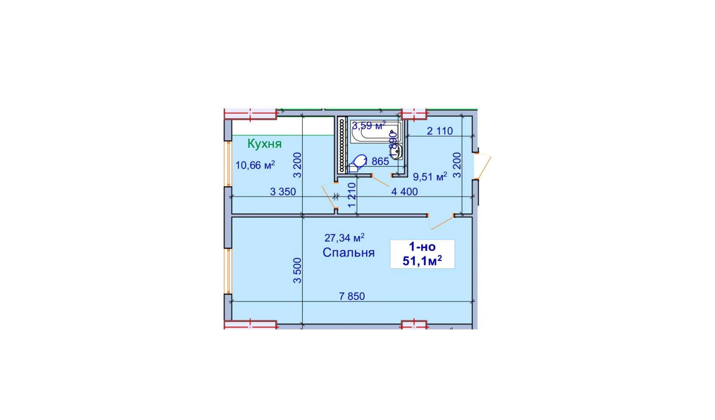 1-комнатная квартира 51.1 м²  1/1 этаж