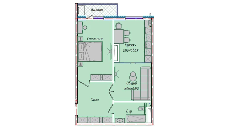 2-комнатная квартира 50.85 м²  16/16 этаж