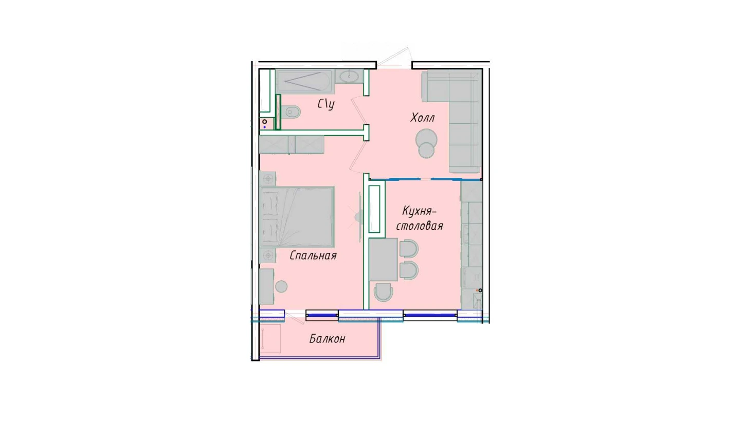 1-комнатная квартира 43.1 м²  10/10 этаж