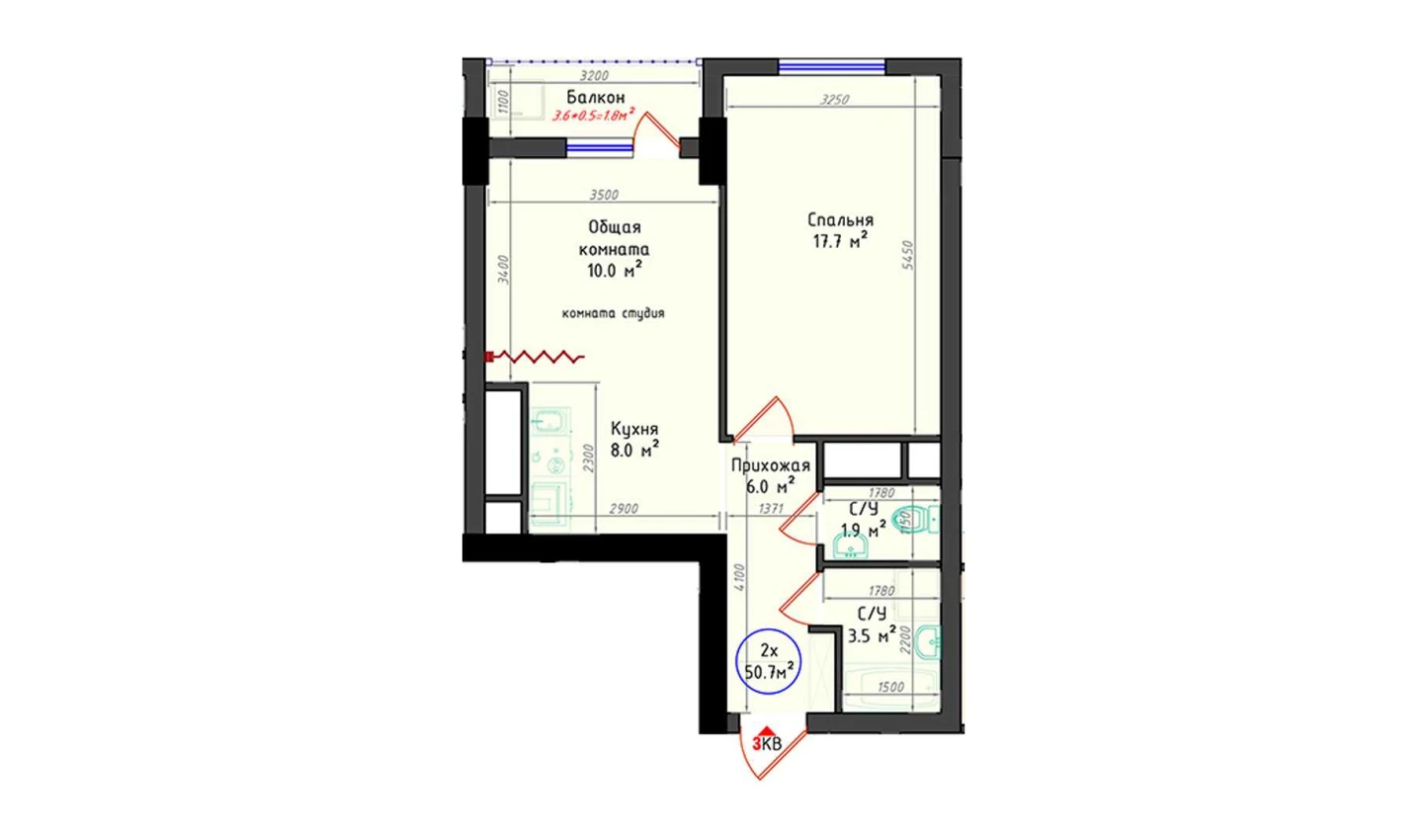 2-комнатная квартира 50.7 м²  21/21 этаж