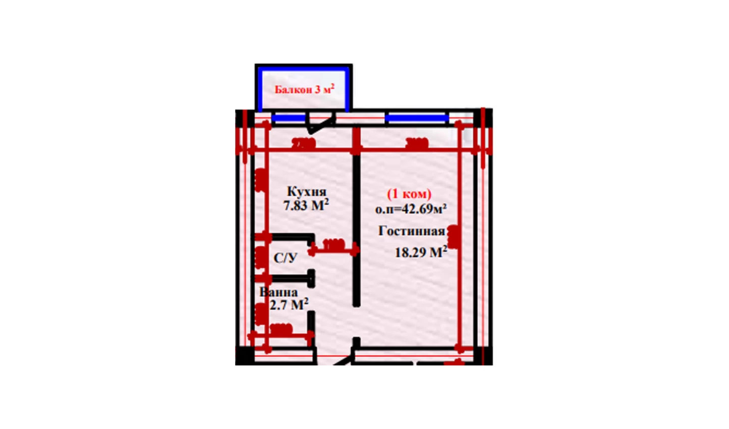 1-xonali xonadon 42.69 m²  1/1 qavat