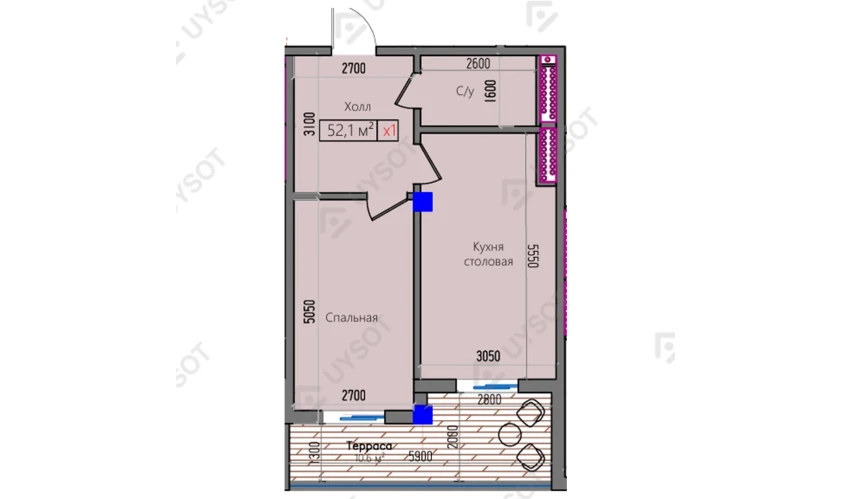 1-xonali xonadon 52.1 m²  2/16 qavat | Park Avenue Turar-joy majmuasi