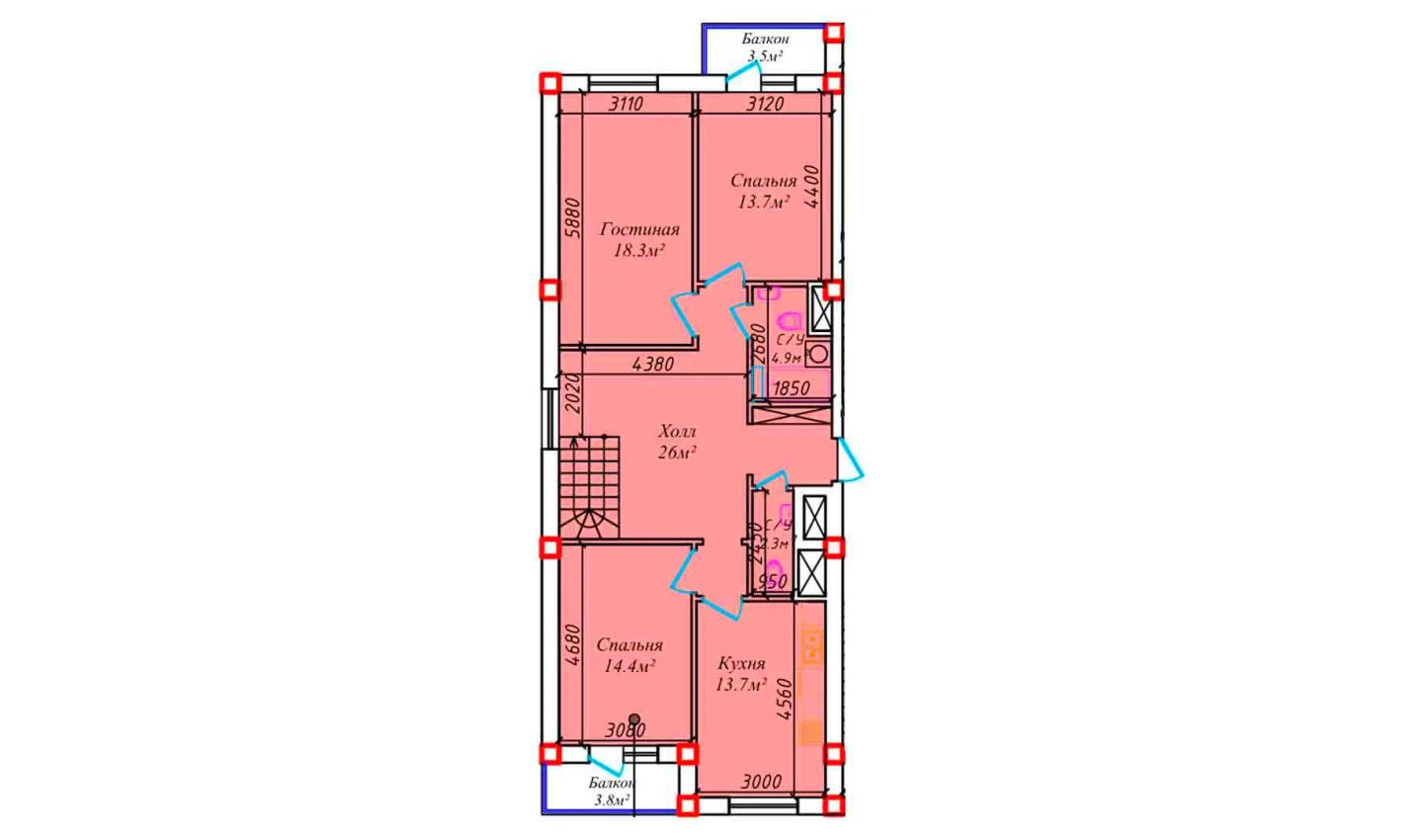 1-комнатная квартира 100.5 м²  5/5 этаж