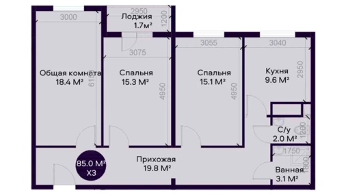 3-комнатная квартира 85 м²  3/12 этаж | Жилой комплекс YAQINLAR