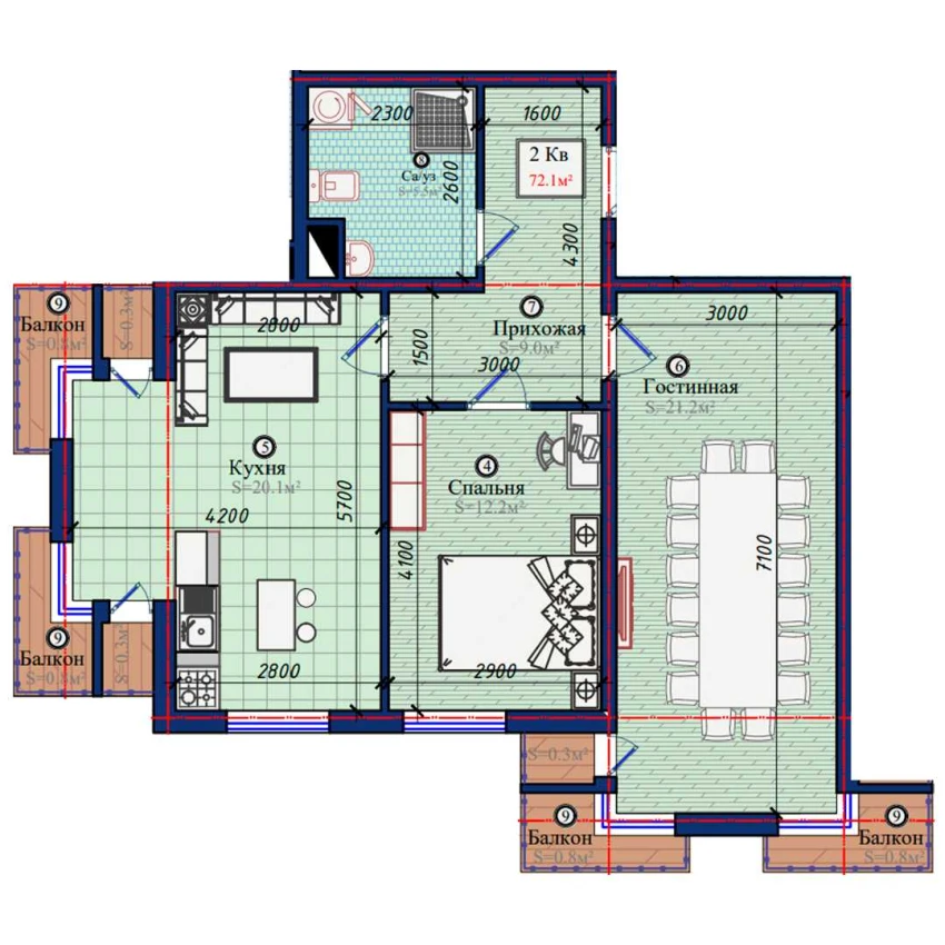 2-комнатная квартира 72.1 м²  5/5 этаж