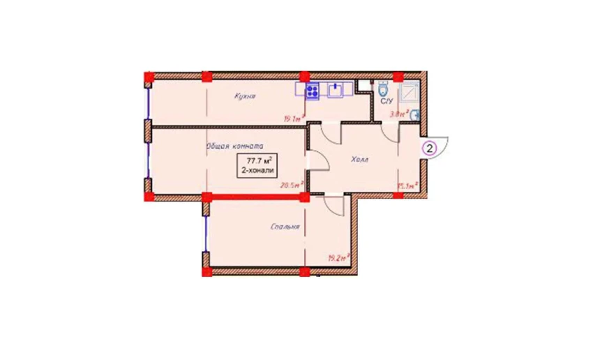 2-комнатная квартира 77.7 м²  1/9 этаж | Жилой комплекс Orzular