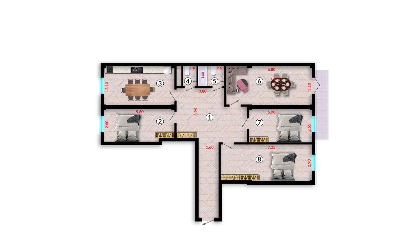 4-xonali xonadon 128.1 m²  5/5 qavat