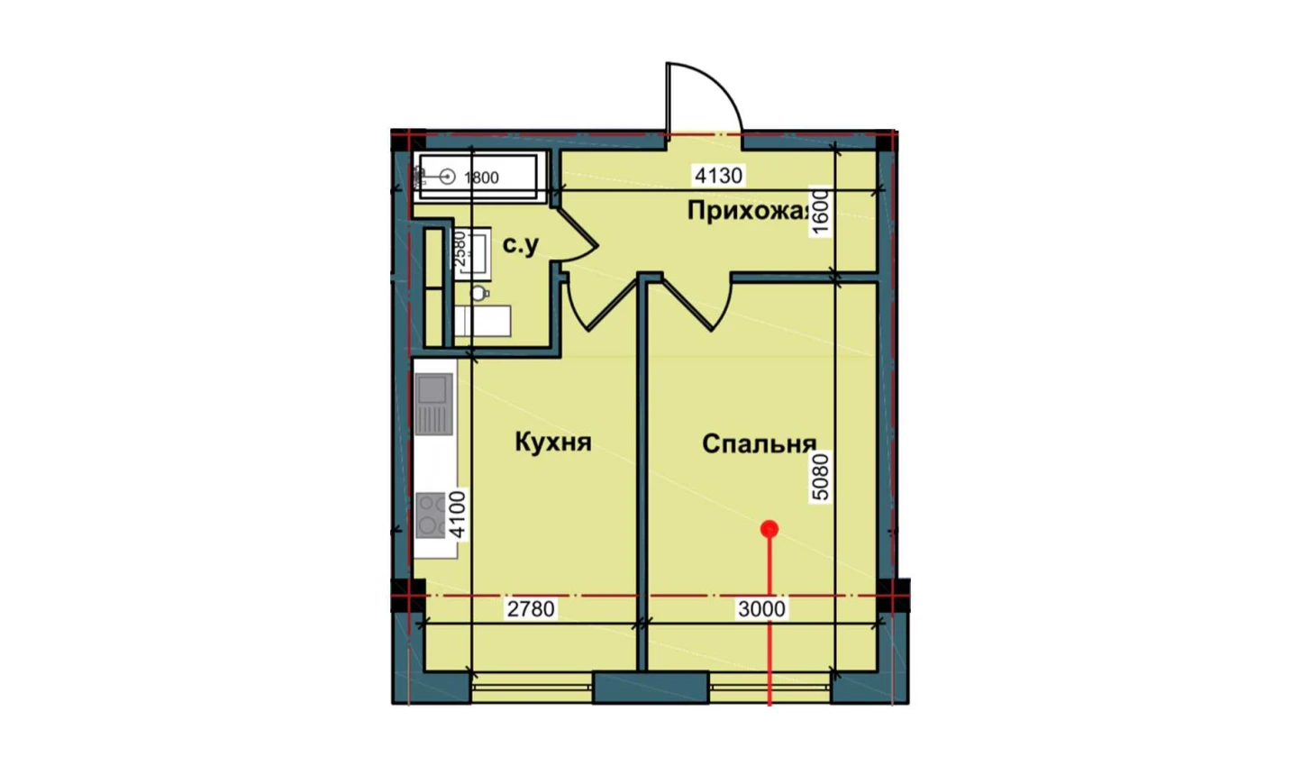 1-комнатная квартира 40.7 м²  1/1 этаж