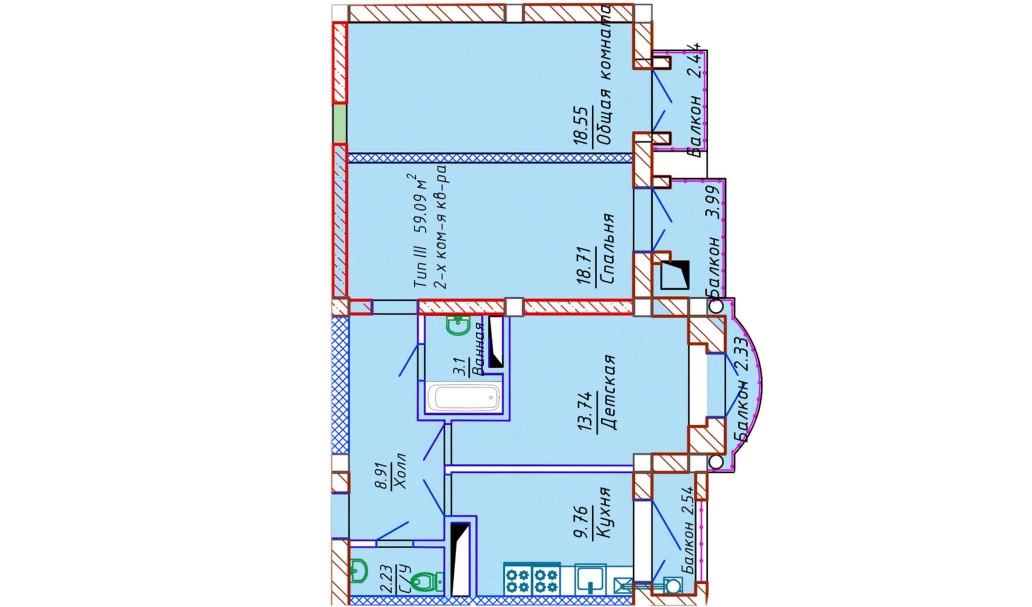 2-комнатная квартира 59.09 м²  8/8 этаж