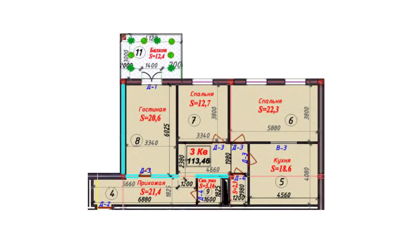 3-комнатная квартира 113.46 м²  3/3 этаж