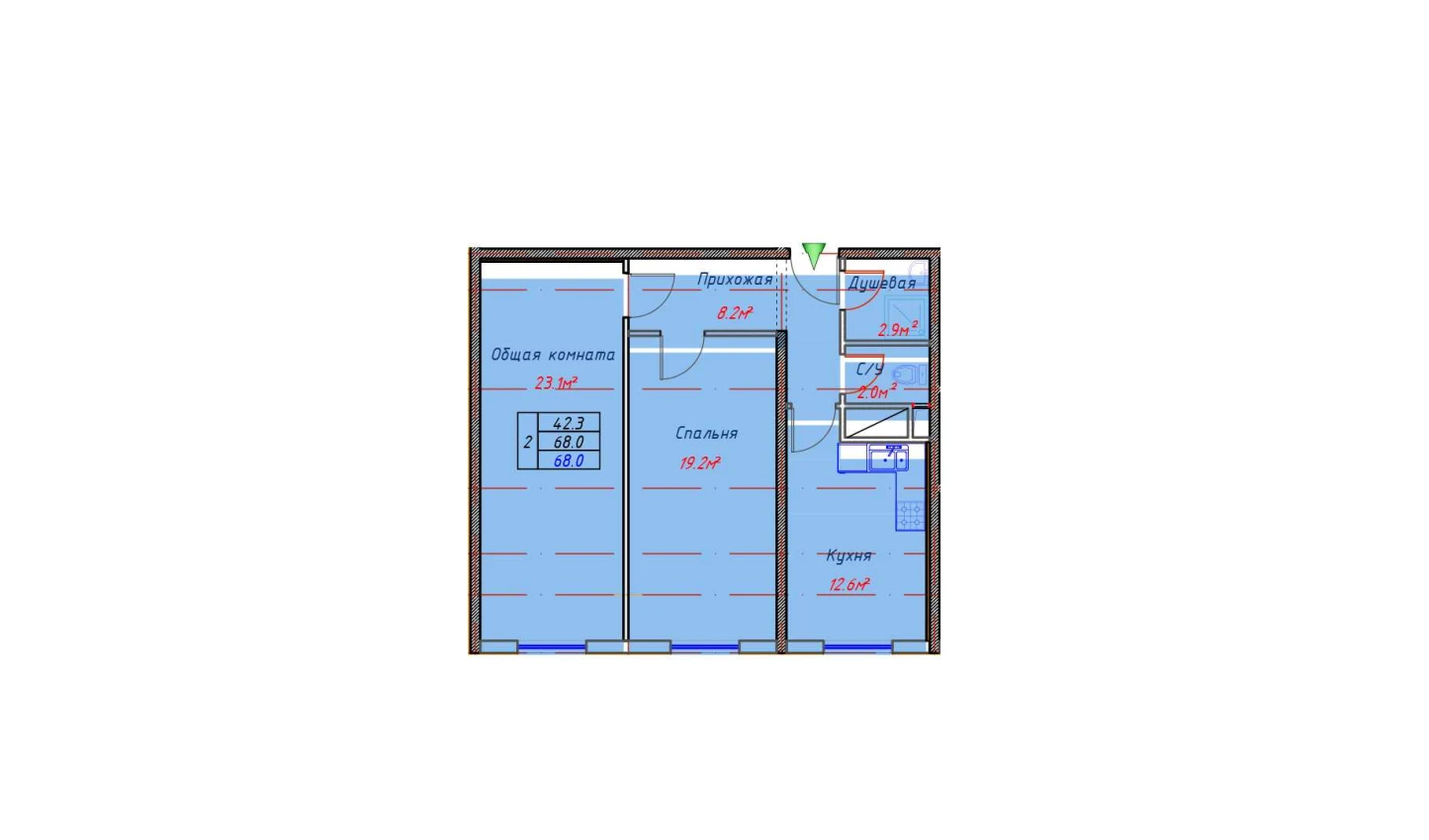 2-xonali xonadon 68 m²  1/1 qavat