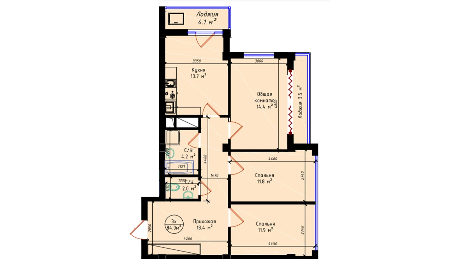 3-комнатная квартира 84 м²  22/22 этаж