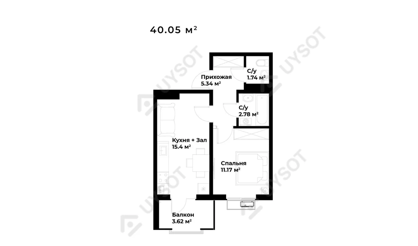 1-комнатная квартира 40.05 м²  2/2 этаж