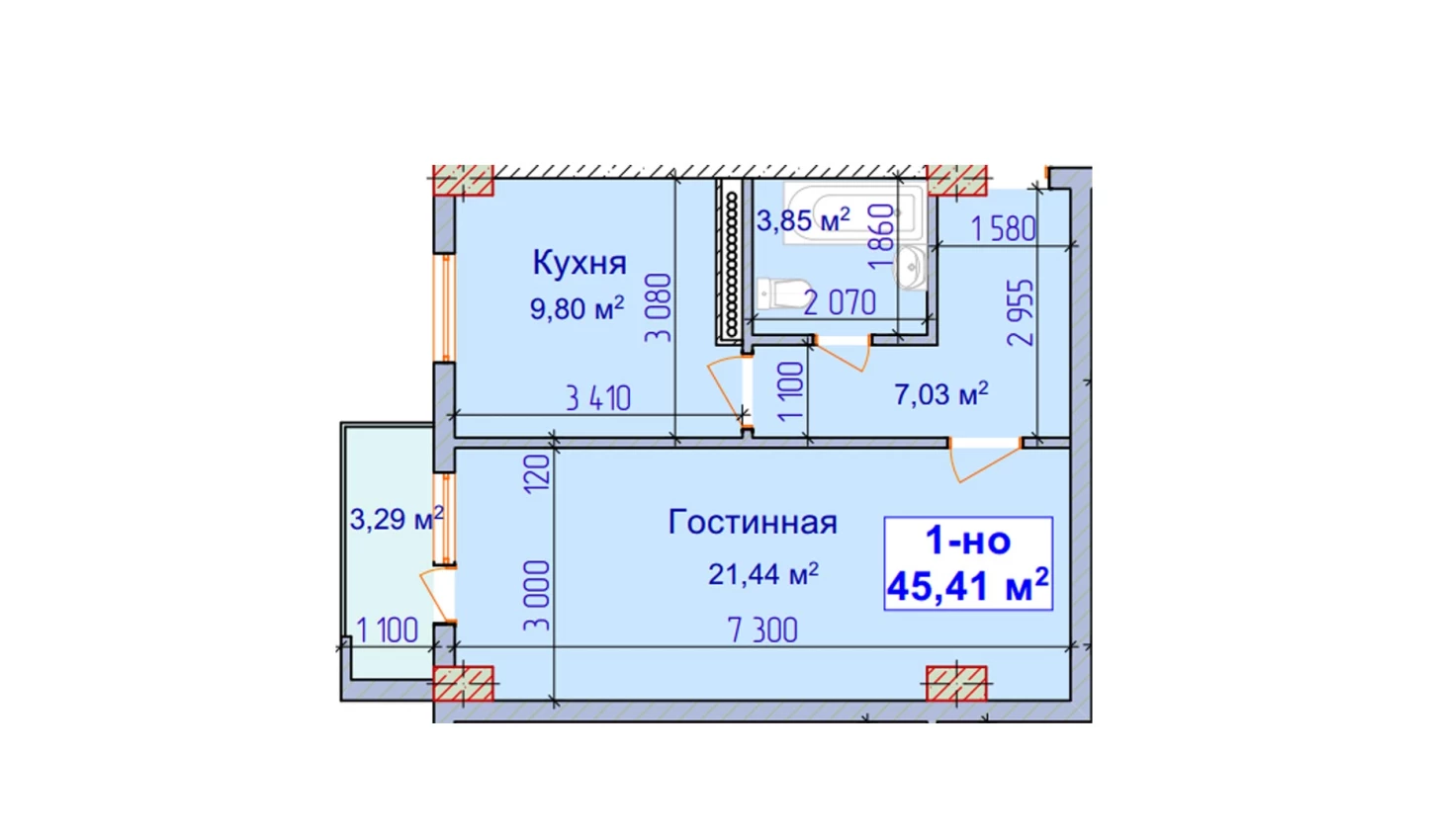 1-xonali xonadon 42.12 m²  8/8 qavat