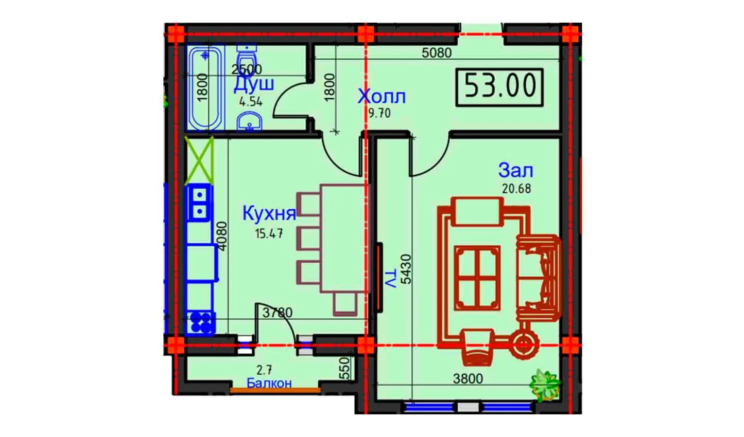 1-комнатная квартира 53 м²  6/6 этаж