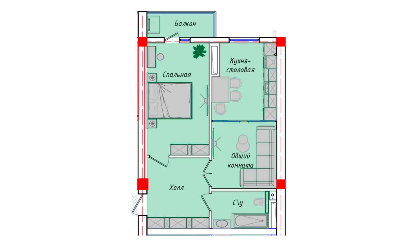 2-xonali xonadon 52.82 m²  12/12 qavat