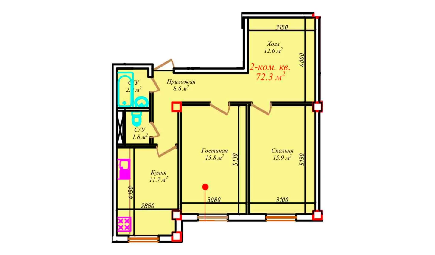 2-комнатная квартира 81 м²  1/1 этаж