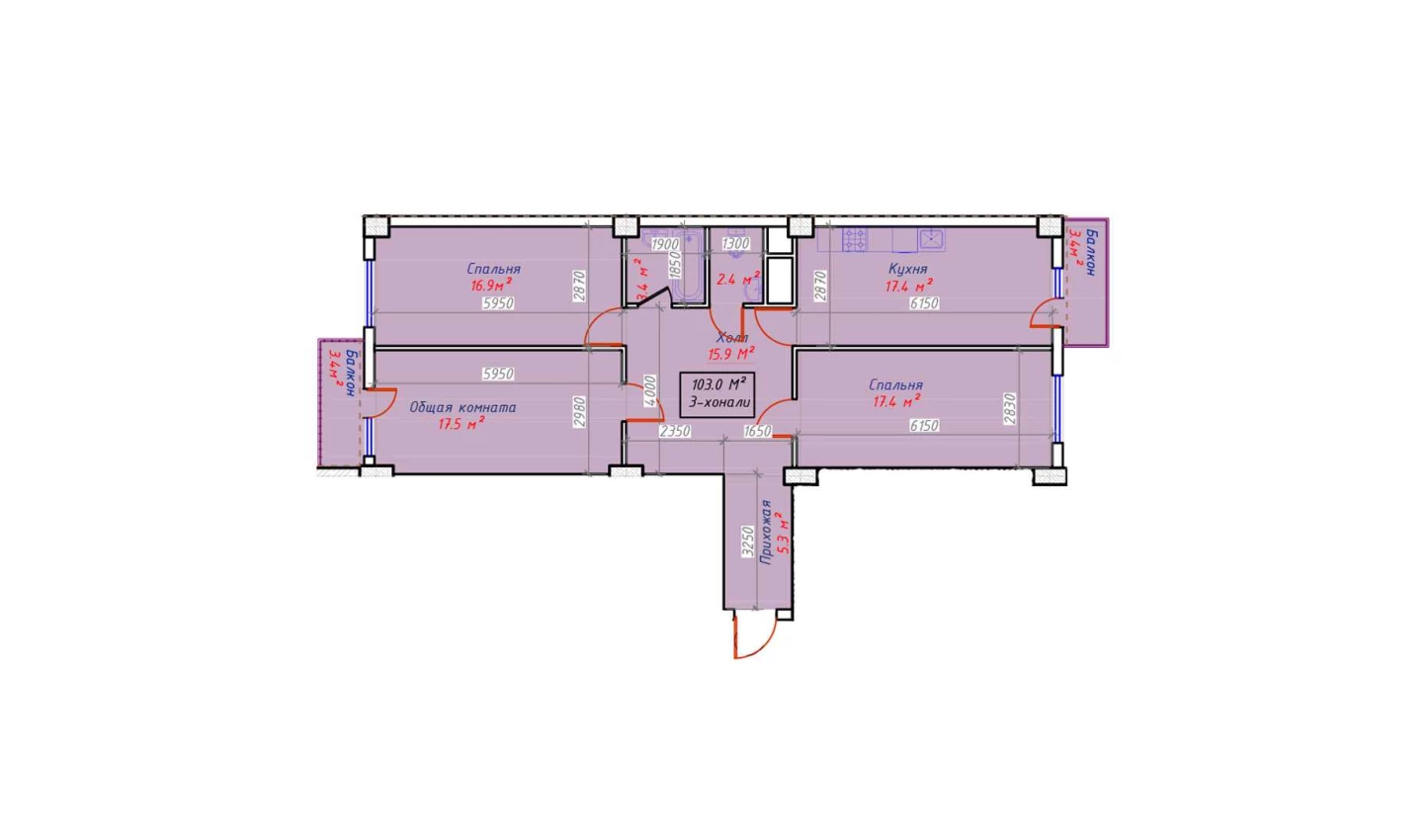 3-xonali xonadon 103 m²  13/13 qavat