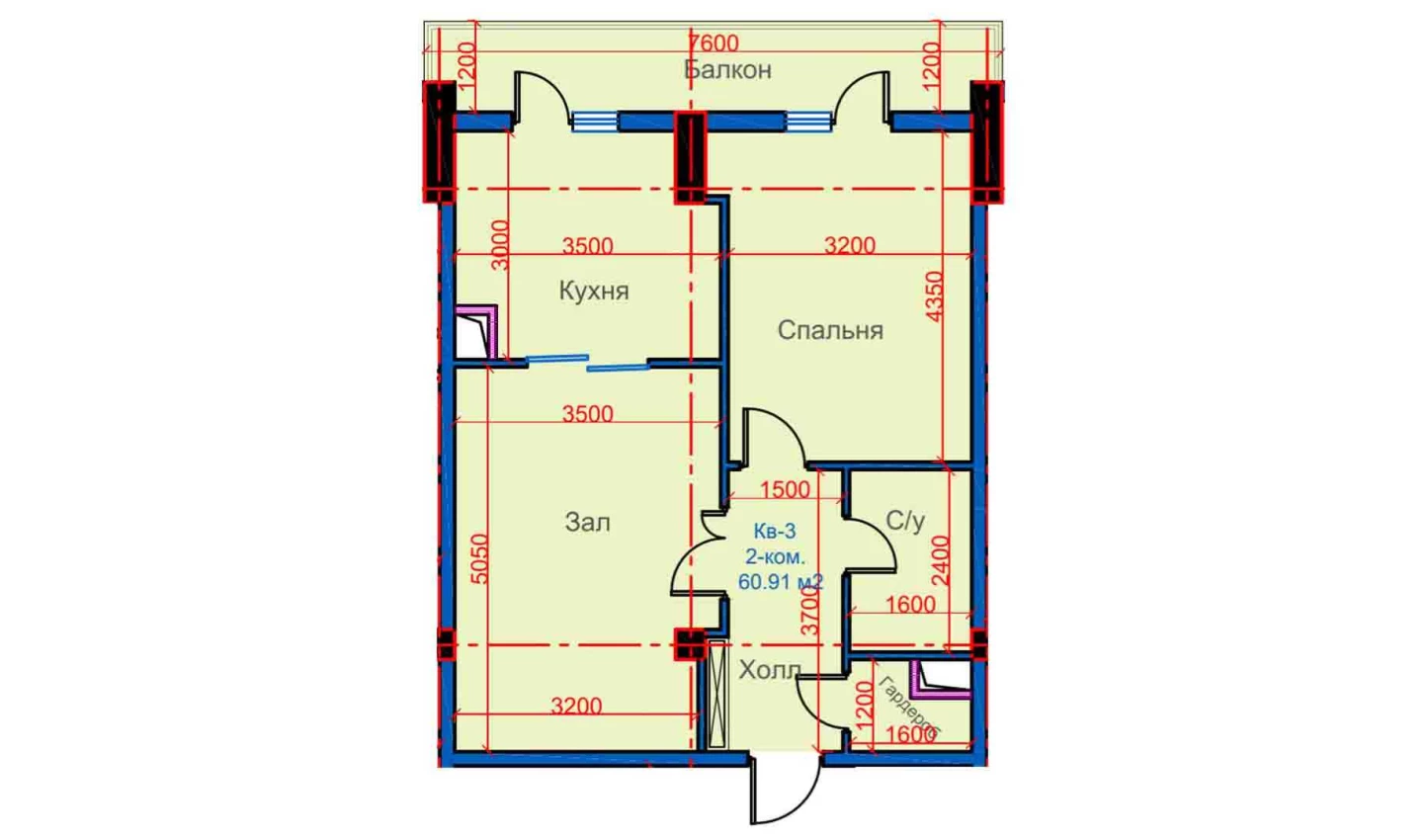 2-xonali xonadon 60.91 m²  10/10 qavat