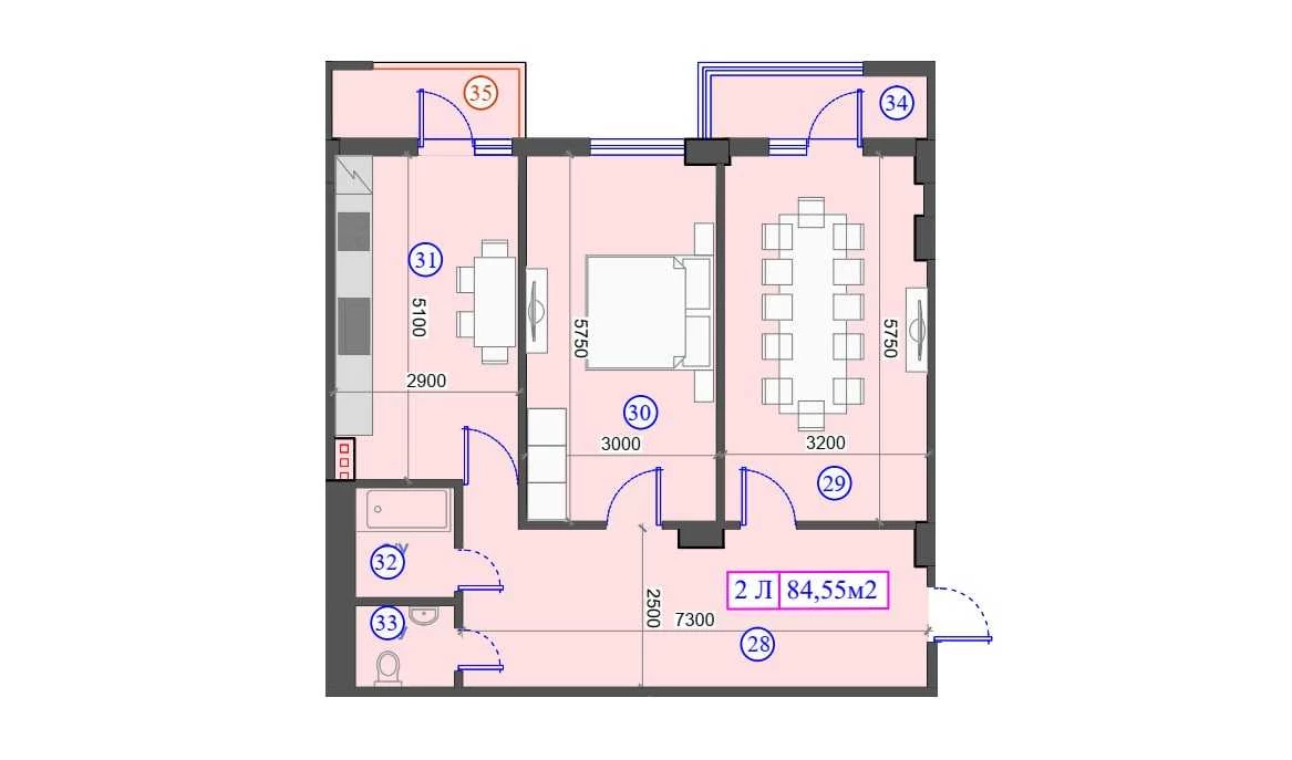 2-комнатная квартира 84.55 м²  2/2 этаж