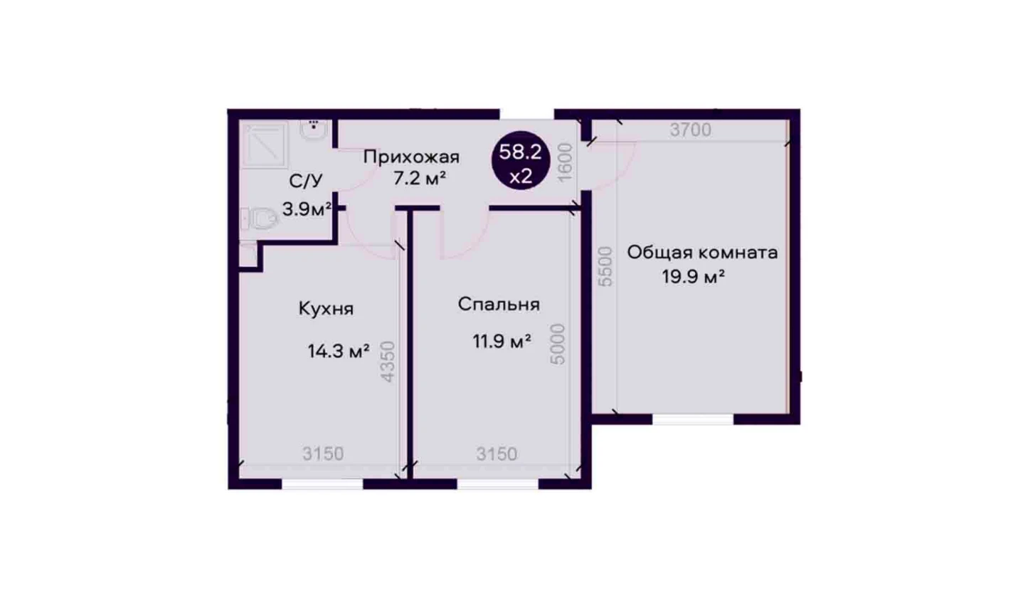 2-комнатная квартира 58.2 м²  1/1 этаж