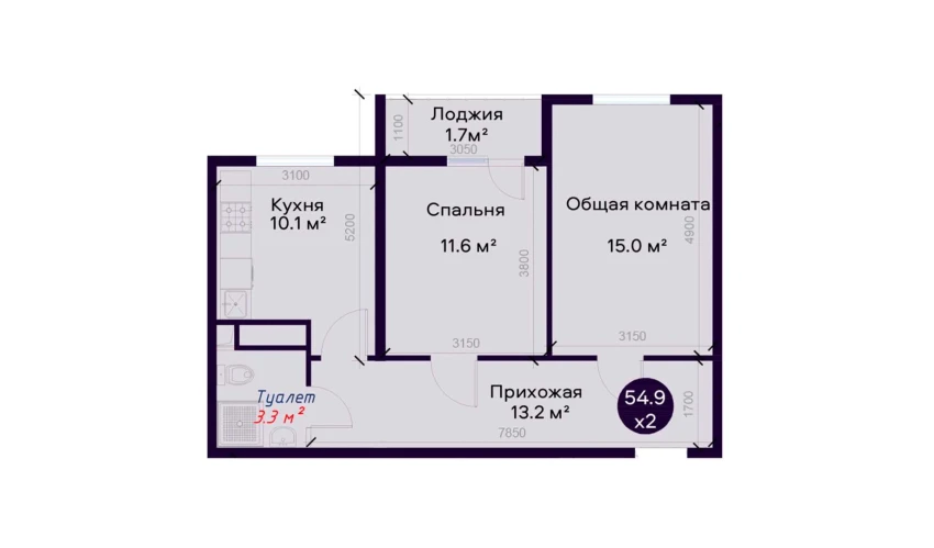 2-xonali xonadon 54.9 m²  4/9 qavat | SOHIL BO'YI ANDIJON Turar-joy majmuasi