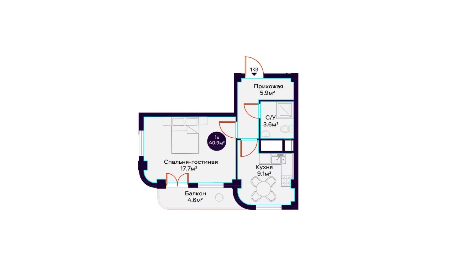 1-комнатная квартира 40.9 м²  6/6 этаж