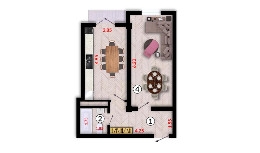 1-комнатная квартира 45.03 м²  4/4 этаж