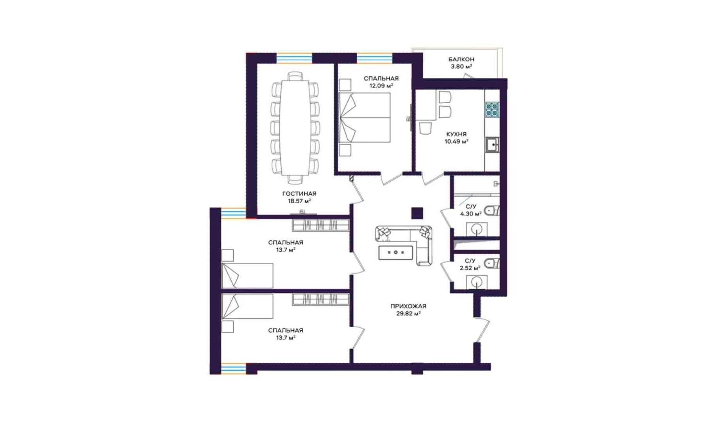 2-комнатная квартира 56.08 м²  3/3 этаж