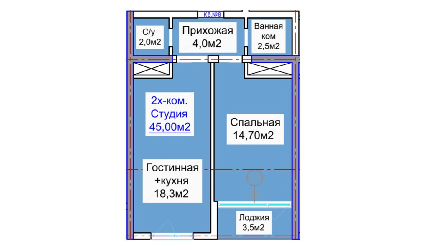 2-комнатная квартира 45 м²  3/3 этаж