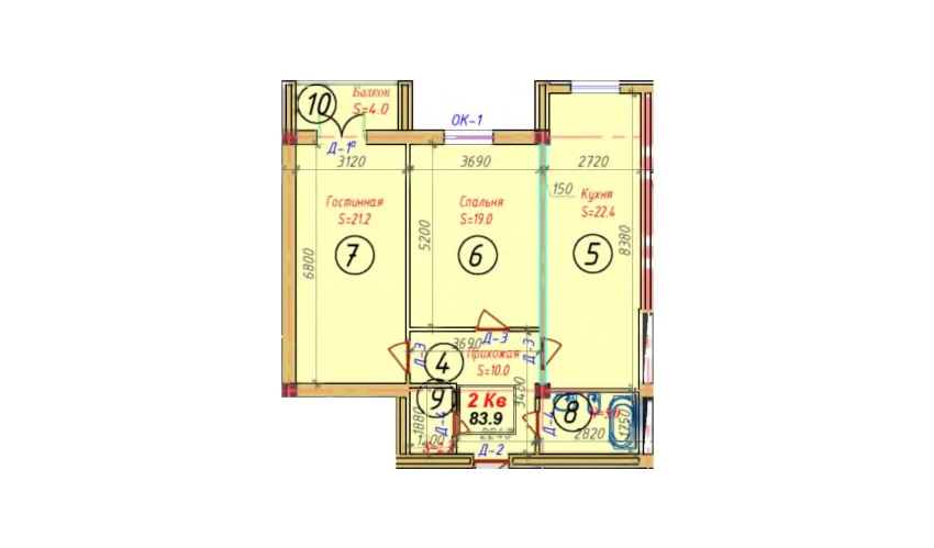 2-xonali xonadon 82.8 m²  8/8 qavat